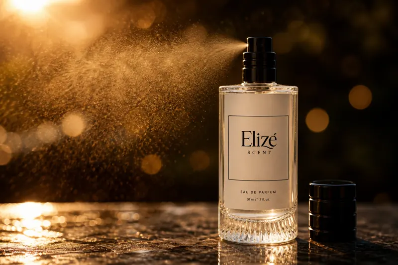 Perfume mist in golden light