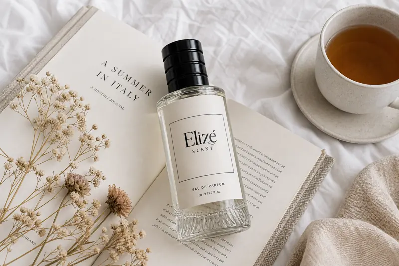 Elizé bottle flat-lay with book and tea